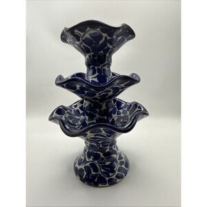3 TIER TALAVERA HAND‎ PAINTED MEXICAN CERAMIC CANDLE HOLDER BLUE & WHITE